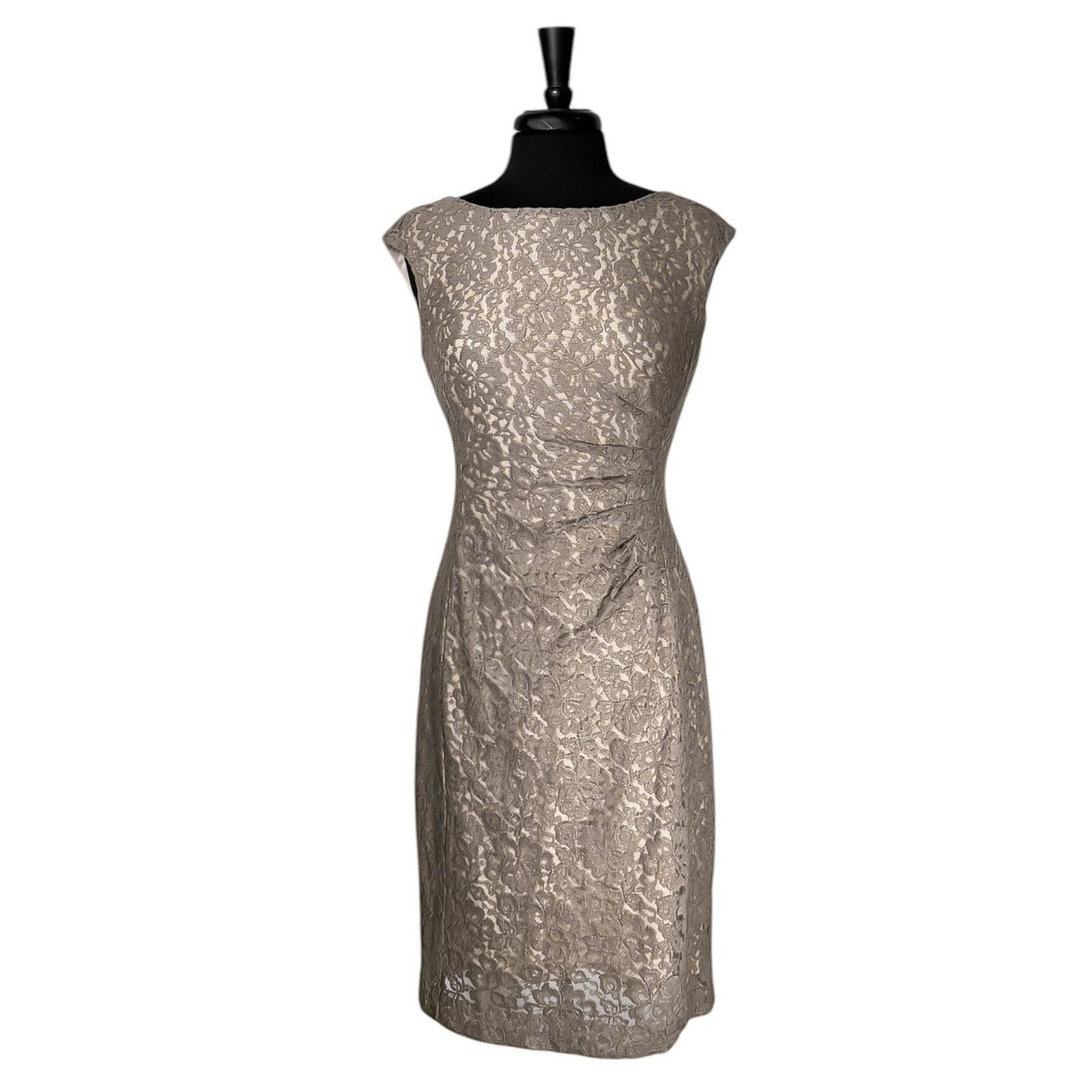 Ralph Lauren Dress 4 Beige Gold Floral Lace Ruched Formal Cocktail Wedding Party